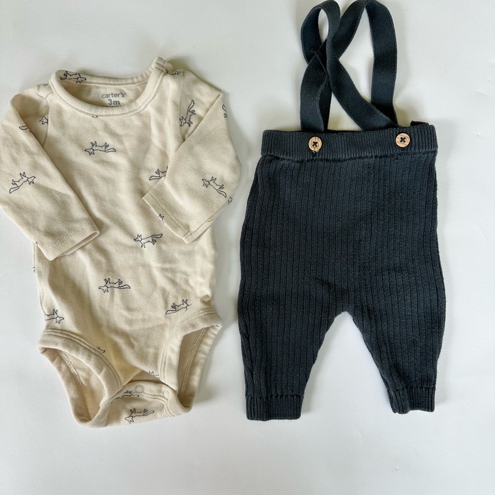 Carter's Cream Bodysuit and Black Suspender Pants Set